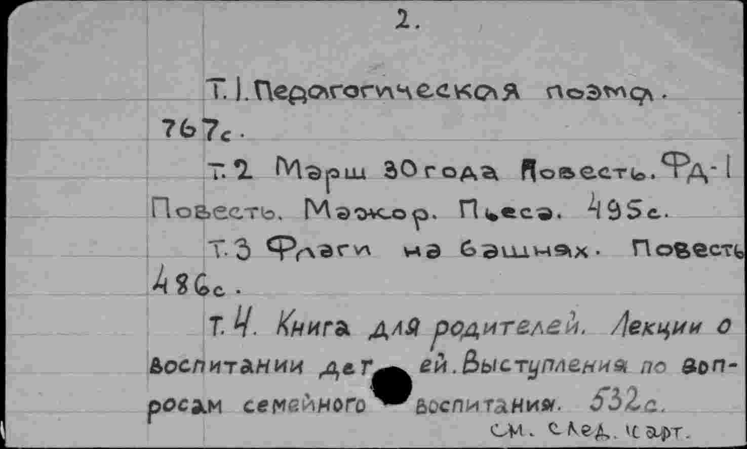 ﻿2.
Т.	no2>v*q*.
767c.
T. 2. М'Эрш ЗОгода flo&ecTu,.Фд* I Повесть. Мэжор. flt.ec®. ^lÔSe.
Т.З Фгла rvx нэ &ölu.>-a9ix- Повести 4яСс.
T. V. Книга для родителей. Лекции о Воспитании де. ей. выступление по Вопросам семейного ^^аослитанил. 5ЫЛ.
си. е. Кед,, it афт.